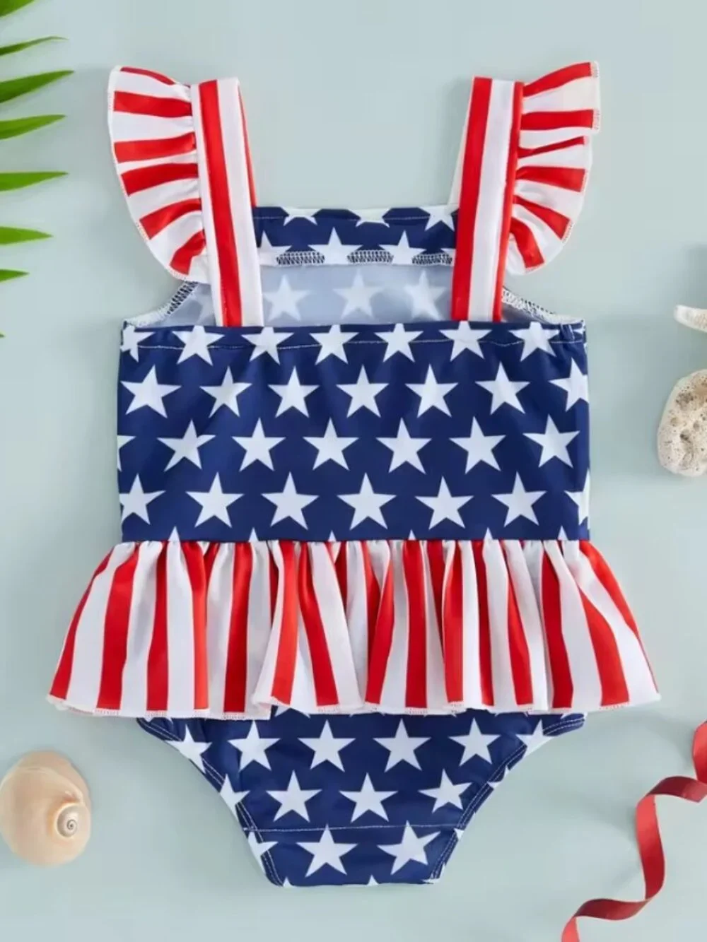Girls 4th of July Patriotic Striped Ruffle Swimsuit Bathing Suit